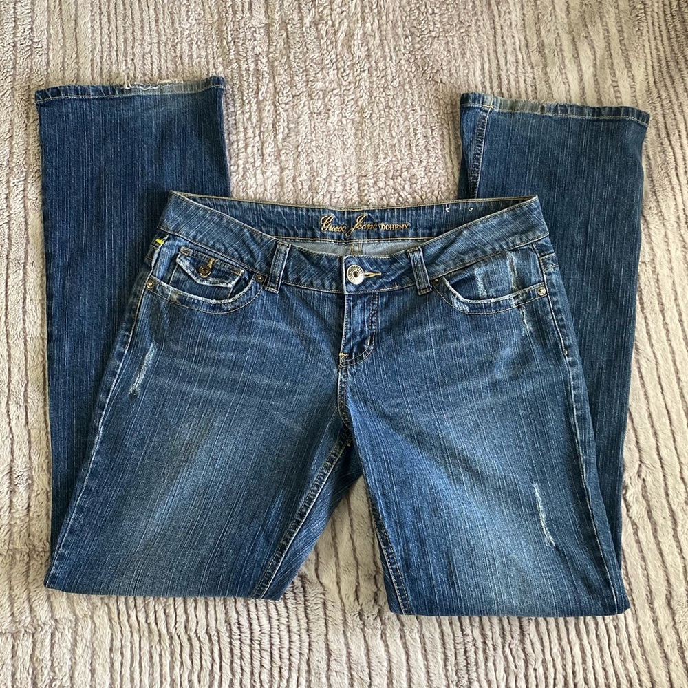 Y2K Guess Low - Mid Rise Flare Jeans W 34” Rise 7” Distressed 2000s Party Retro
